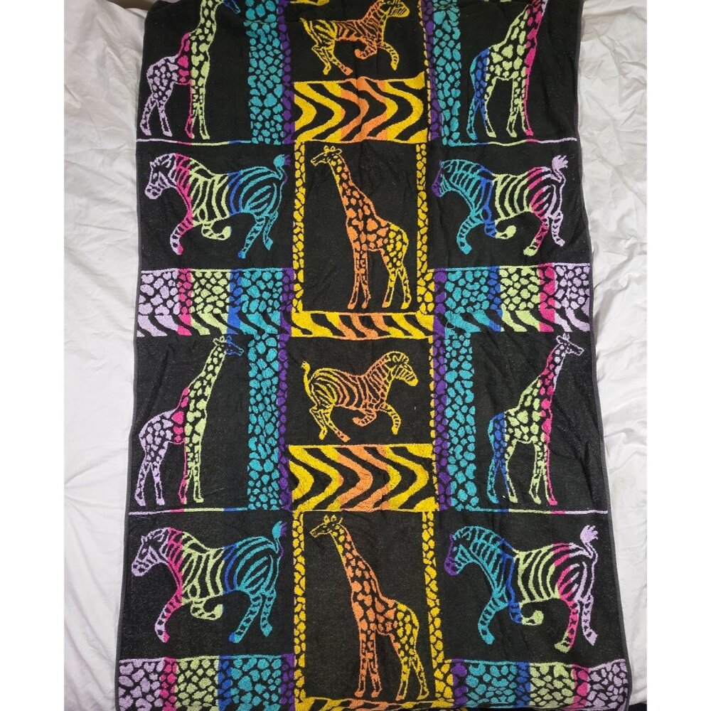 Vintage Summer Stock Cotton Beach Towel Giraffe Zebra Print Multi Color